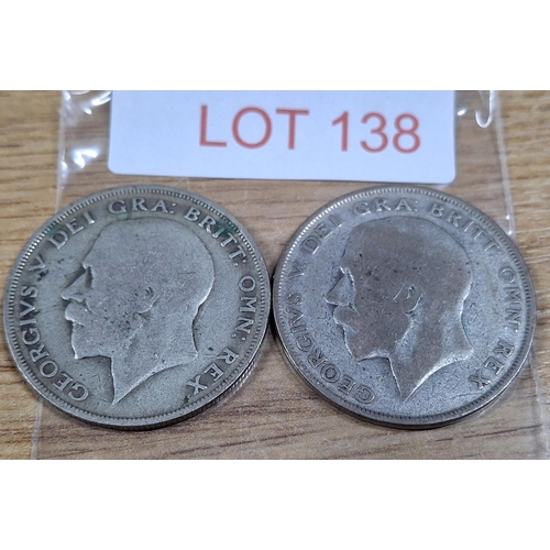 138 - Two British KGV 50% silver, half crowns, 27 grams (2)