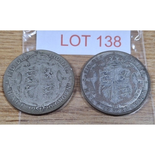 138 - Two British KGV 50% silver, half crowns, 27 grams (2)
