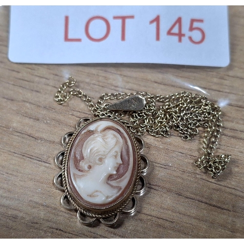 145 - Mid 20thC cameo pendent in a 9ct gold setting with an unmarked, broken fine gold coloured chain, 3.7... 