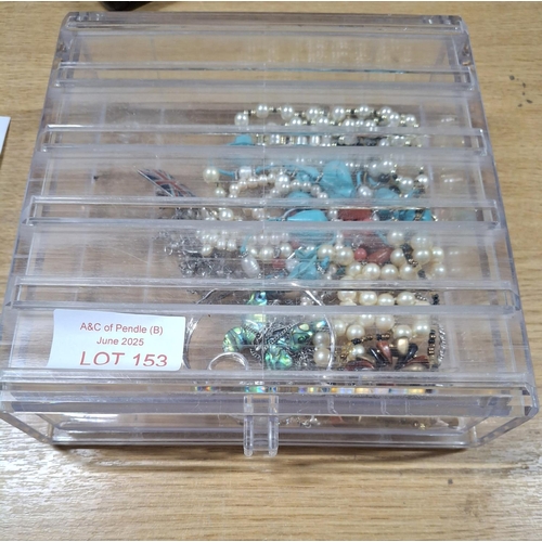 153 - Clear perspex drawer containing costume jewellery