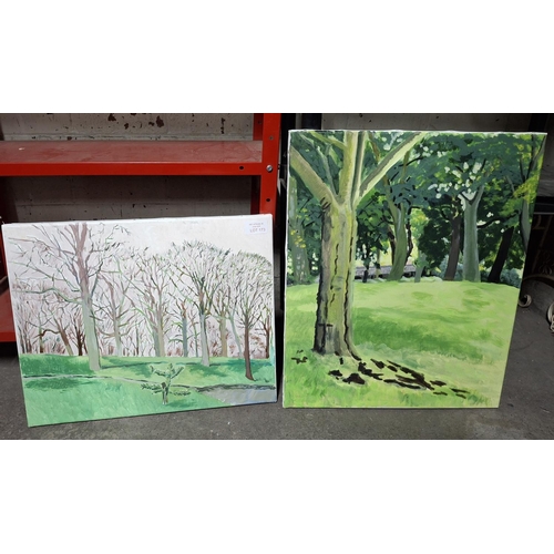 173 - Canvas paintings depicting forest scene. Unsigned (2)