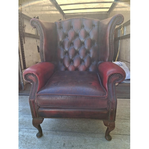 503 - Antique red leather Chesterfield wingback chair