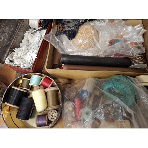 Two boxes of sewing thread, patterns, reels etc (Qty)