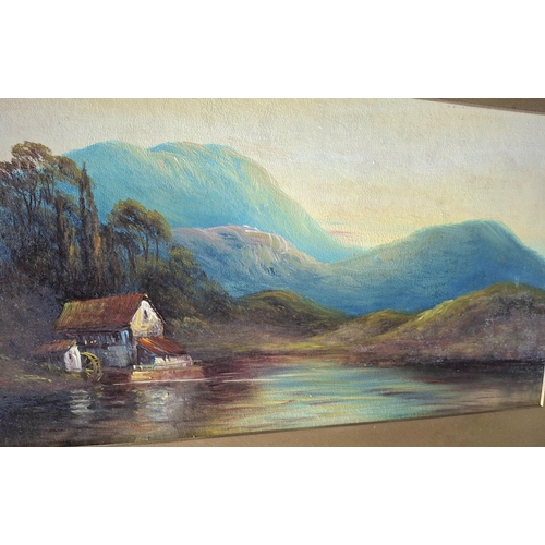 95 - Early unsigned oil on card landscape together with a J Moorhouse c1920 watercolour depicting a Scott... 