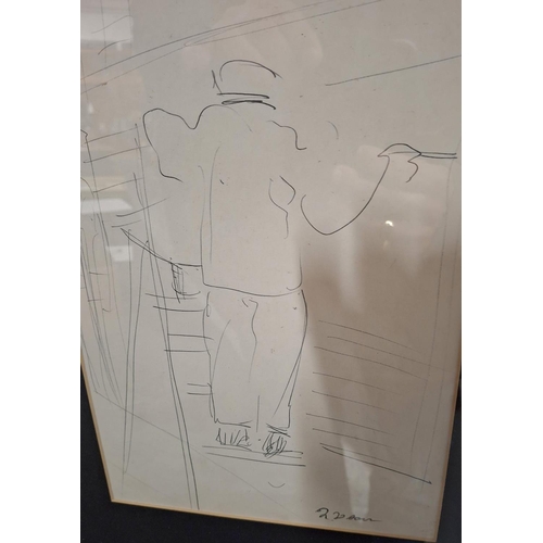 98 - Jeanne Daour (Romania born 1914) ink drawing, self portrait if the artist at work, framed and glazed