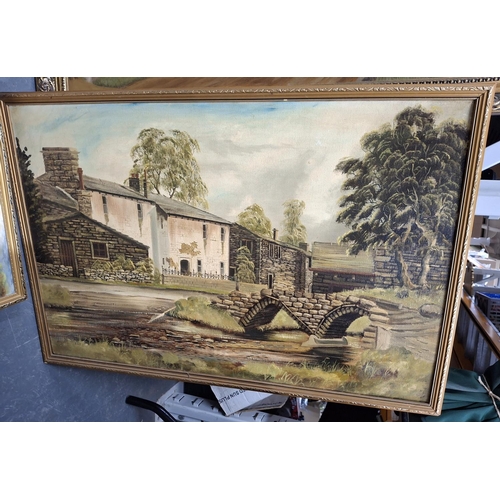 99A - Two large and two smaller oil paintings, all depicting country buildings (4) all framed