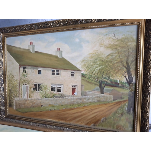 99A - Two large and two smaller oil paintings, all depicting country buildings (4) all framed