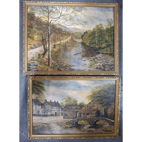 99A - Two large and two smaller oil paintings, all depicting country buildings (4) all framed