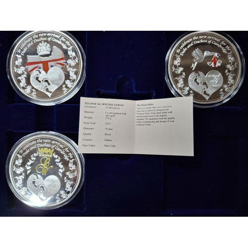 109 - Two boxed sets of 2013 Ghana proof silver plated commemorative coins, both boxes with 3 x 110 gram c... 