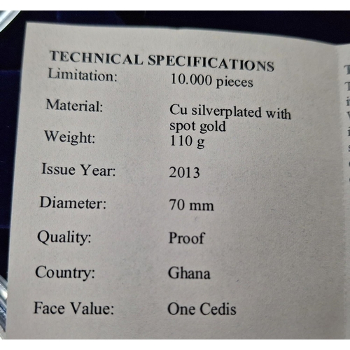 109 - Two boxed sets of 2013 Ghana proof silver plated commemorative coins, both boxes with 3 x 110 gram c... 