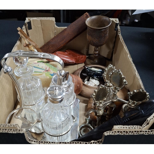 130 - Box of old collectables, cruet sets, wooden goblet, cut-throat razor etc (Qty)