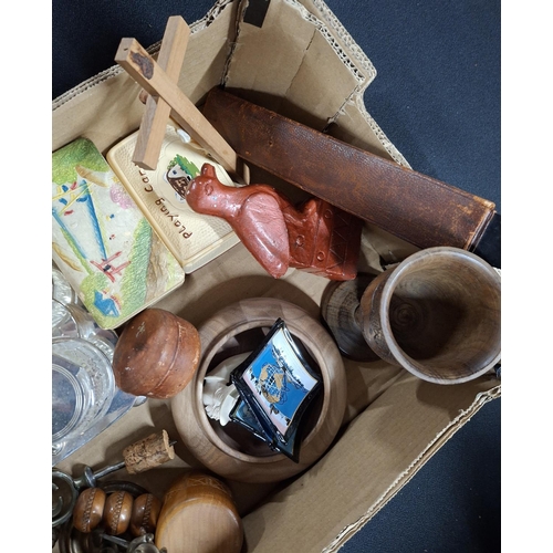 130 - Box of old collectables, cruet sets, wooden goblet, cut-throat razor etc (Qty)