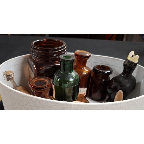 131 - Small old poison bottles together with an old 1930s pie funnel in the form of a Blackbird etc  (Qty)