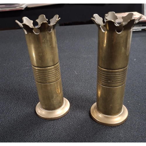 132 - Pair of trench art (unmarked but prob WWI era) eclastical themed bud vases (2).