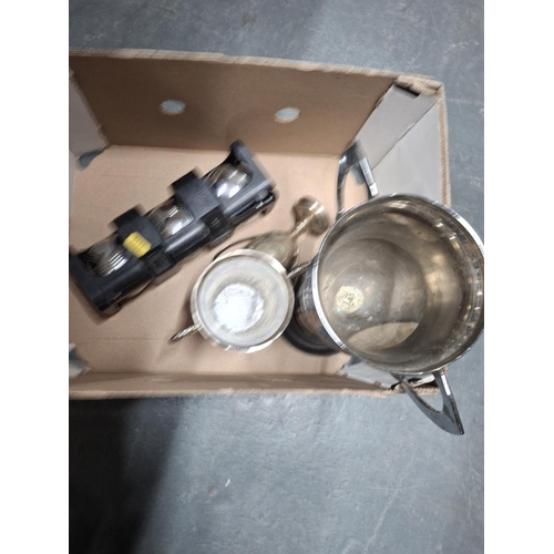 194 - Cased metal petang set & 3 trophies