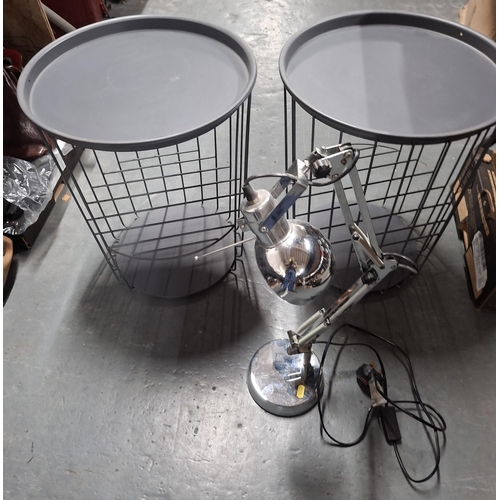 211 - Pair of modern storage bins together with a chromed angle poise lamp (3)
