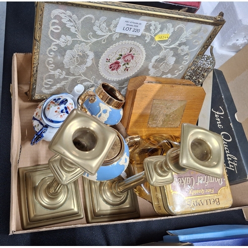 Box of collectables and antiques to include a pair of brass candle ...