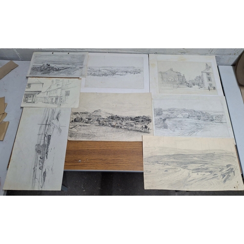 67 - Eight, Joseph Pighills (Yorkshire 1901-1984) medium sized pencil sketches depicting Yorkshire landsc... 