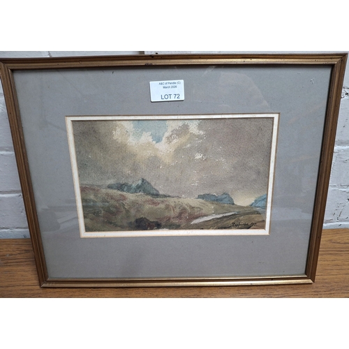 72 - Joseph Pighills (Yorkshire 1901-1984) 1977 watercolour depicting a moorland landscape, entitled vers... 