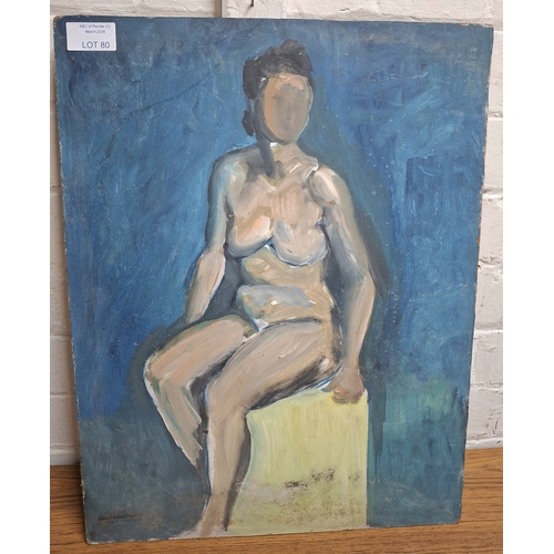 80 - John Cedric Pighills (Yorkshire 1943-2025) oil on board painting depicting a faceless naked woman po... 