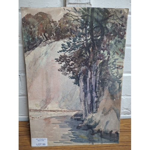 99 - Double-sided Joseph Pighills (Yorkshire 1901-1984) medium sized watercolour depicting a country lake... 