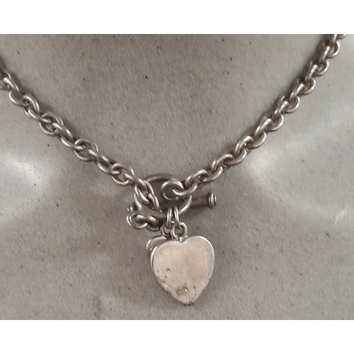 26 - Heavy silver T-bar chain necklace with heart pendent, 35.8 grams