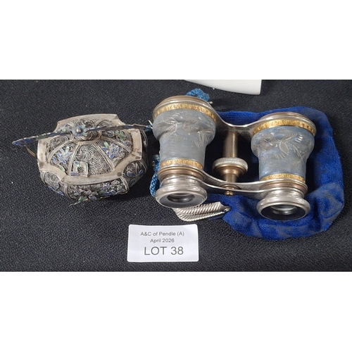 38 - Pair of vintage Opera glasses together with a stunning white filigree metal and enamel lidded miniat... 