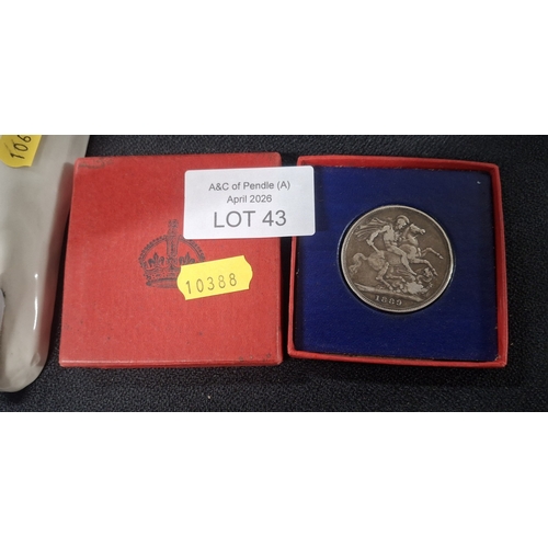 43 - Queen Victoria 1889 silver, jubilee head crown, 

28 grams