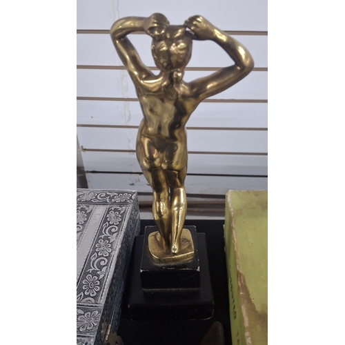 57 - Gilt metal statue of a classical naked lady on wood plinth, signed CARTINET