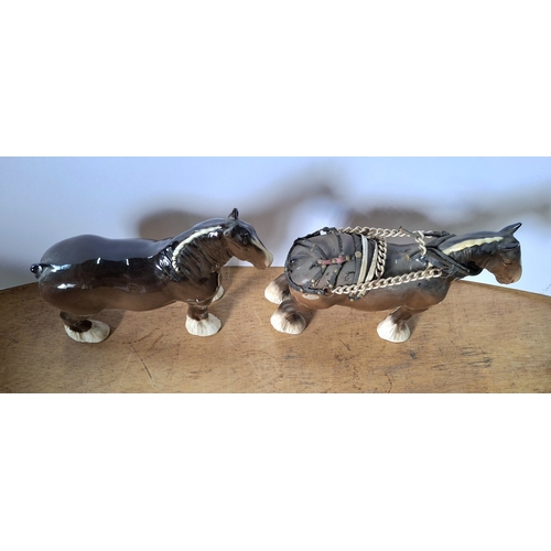 52 - Two large Beswick, brown Shire horses with coloured manes one in a harness (2)