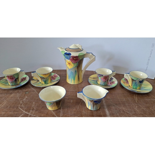 4 - Clarice Cliff for Wilkinson's Bizarre, Delecia Pansies Coffee service comprising a tea/hot water pot... 