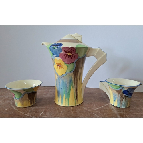 4 - Clarice Cliff for Wilkinson's Bizarre, Delecia Pansies Coffee service comprising a tea/hot water pot... 