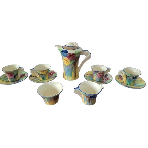4 - Clarice Cliff for Wilkinson's Bizarre, Delecia Pansies Coffee service comprising a tea/hot water pot... 