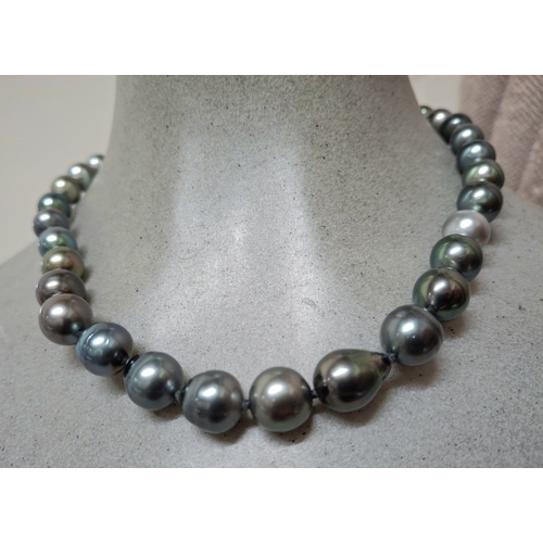 29 - Boxed set of 9-12mm Tahitian graduating Pearl necklace with matching earrings with large, hallmarked... 