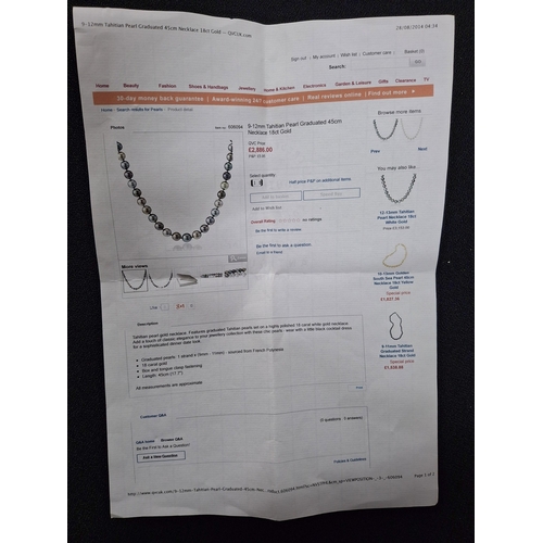 29 - Boxed set of 9-12mm Tahitian graduating Pearl necklace with matching earrings with large, hallmarked... 