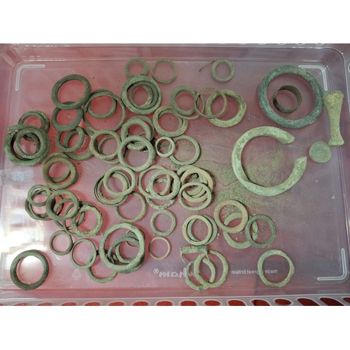 159 - Quantity of medieval to Victorian copper horse bridle rings and a few other metal detecting items (Q... 