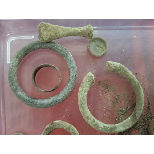 159 - Quantity of medieval to Victorian copper horse bridle rings and a few other metal detecting items (Q... 