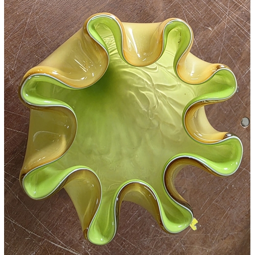 410 - Stunning hand-blown cream & brown handkerchief vase with lime interior and cane glass outer design, ... 