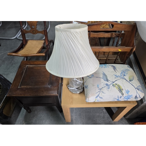 479 - Four pieces of furniture & a table lamp - Edwardian commode, upholstered footstool, magazine rack, m... 