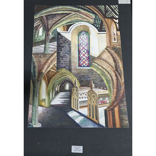 107 - Valerie Margaret Whelen, abstract watercolour of the interior of a cathedral, 62 x 44cm