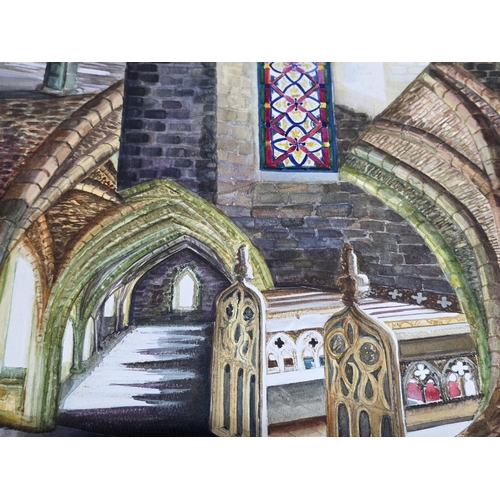 107 - Valerie Margaret Whelen, abstract watercolour of the interior of a cathedral, 62 x 44cm