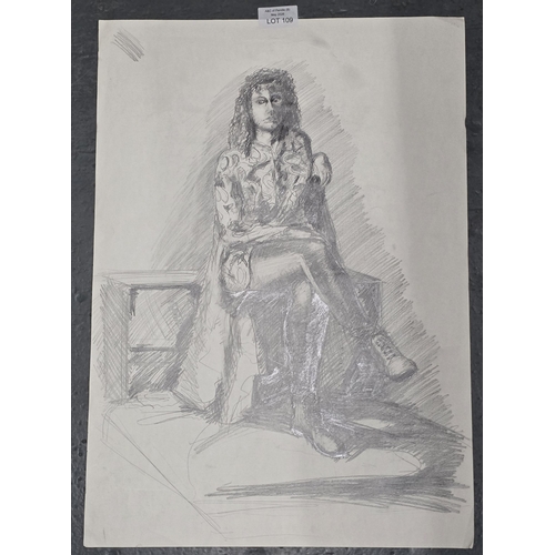 109 - Unsigned detailed pencil sketch of a seated lady, 59 x 42cm
