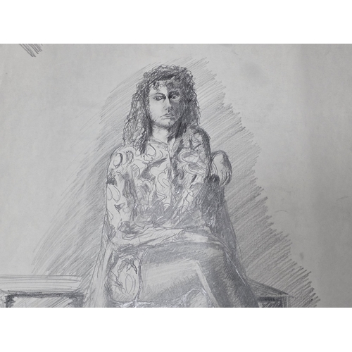 109 - Unsigned detailed pencil sketch of a seated lady, 59 x 42cm
