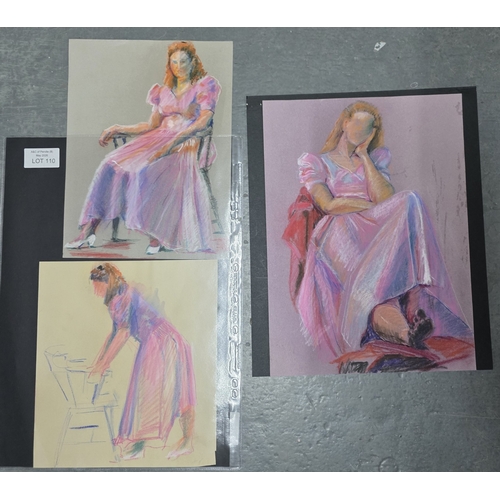 110 - Three unsigned pastel sketches of a lady, all unframed (3)