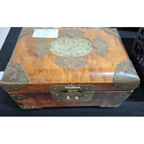 90A - Oriental jewellery box with carved inlaid Jade panel and brass escutcheons