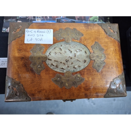 90A - Oriental jewellery box with carved inlaid Jade panel and brass escutcheons