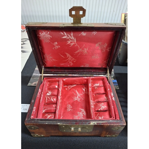 90A - Oriental jewellery box with carved inlaid Jade panel and brass escutcheons