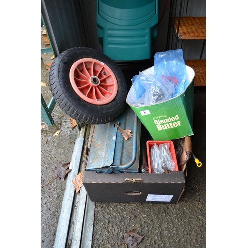 41 - Boxes of Tools Inc. Concertina Toolbox containing Shims, Kitchen Door Fittings & Wheelbarrow Wheel.