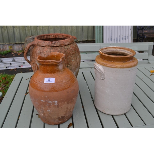 69 - Terracotta Jug & 2 Stoneware Jars