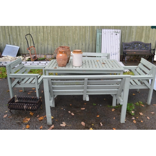 70 - Green Painted Teak Garden Table, with 2 Chairs & 2 Benches